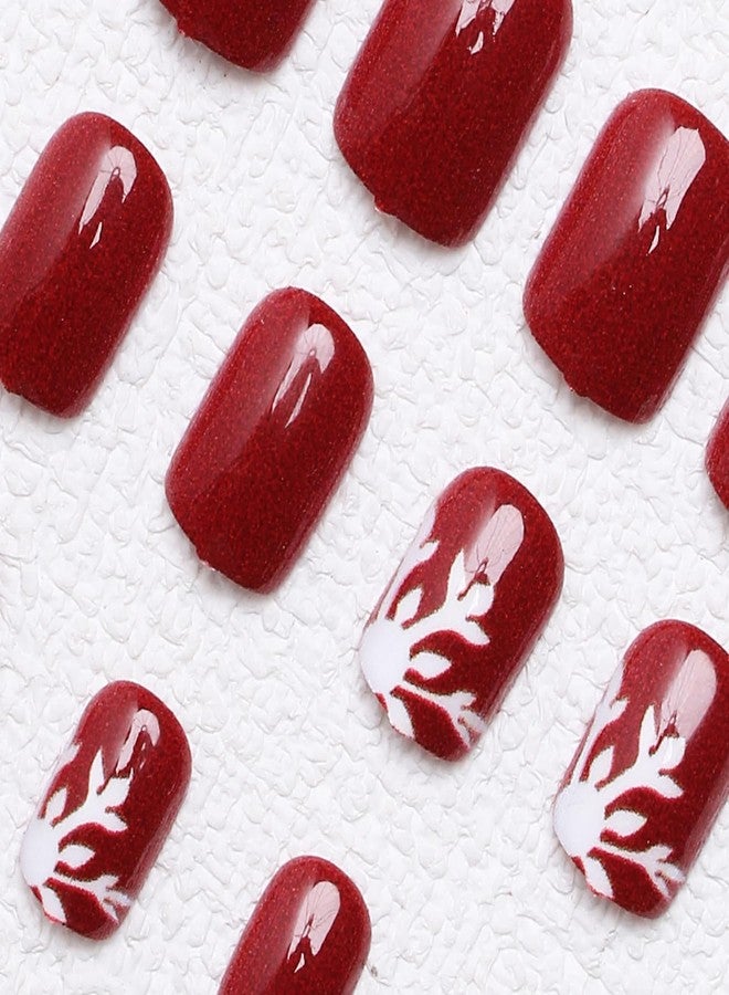 OCOUYVD 24 Pcs Christmas Red Press on Nails Short Square Fake Nails Winter Xmas False Nails White Snowflake Design Glossy False Nails Christmas Stick on Nails Christmas Acrylic Nails for Women DIY Manicure - Image 4